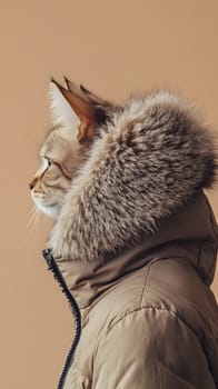 A cat wearing a stylish coat with a fur hood against a neutral background.