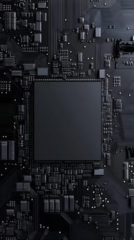 A close-up view of a black circuit board with a central processor.