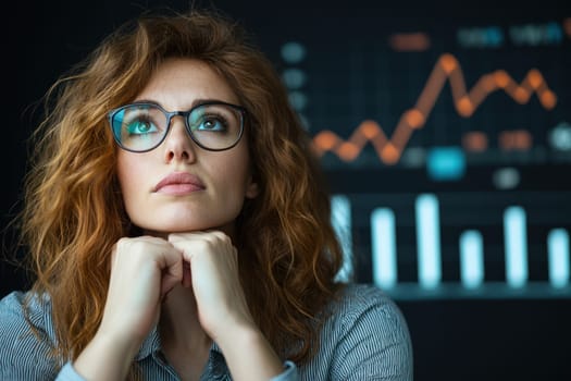 A Thoughtful businesswoman analyzing charts and data trends with focus