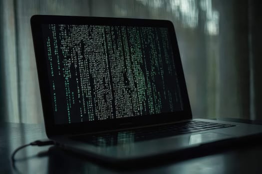A dark room showcases a glowing laptop screen filled with flowing code lines, creating a high-tech, cyber atmosphere ideal for technology-themed projects.