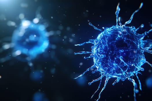 An Immune cells illuminated in electric blue, showcasing intricate details and dynamic structures