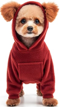 A cute dog wearing a red hoodie, posing for the camera.