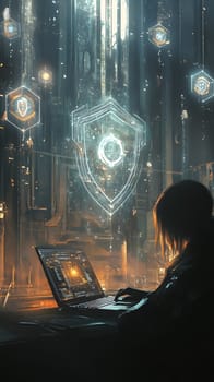 A figure working on a laptop in a futuristic, digital environment.