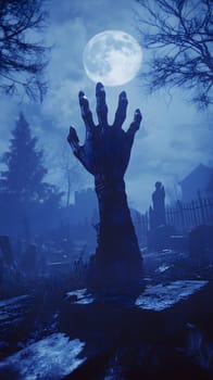 A ghostly hand emerges from a graveyard under a full moon.