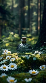 A glass bottle sits amidst daisies and moss in a serene forest.