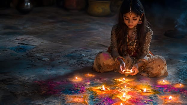 A girl lighting diyas during a festive celebration in a colorful setting.