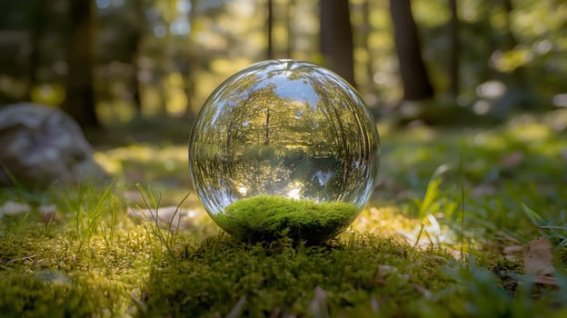 A glass orb resting on moss, reflecting a forest scene.