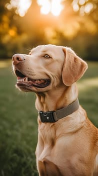 A golden labrador sitting in a sunlit field, looking content.