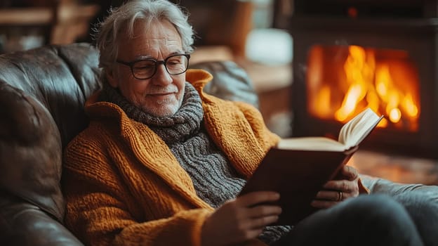 A senior man reading book by fireplace, enjoying cozy moment