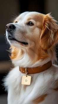 A golden retriever with a collar and tag, gazing thoughtfully.