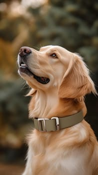 A golden retriever with a collar looks upward in a natural setting.