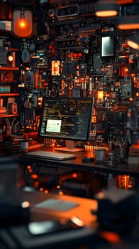A high-tech workspace with glowing screens and electronic equipment.
