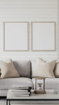 A minimalist living room with empty frames and neutral decor.