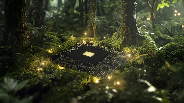 A microchip surrounded by lush greenery and glowing lights.