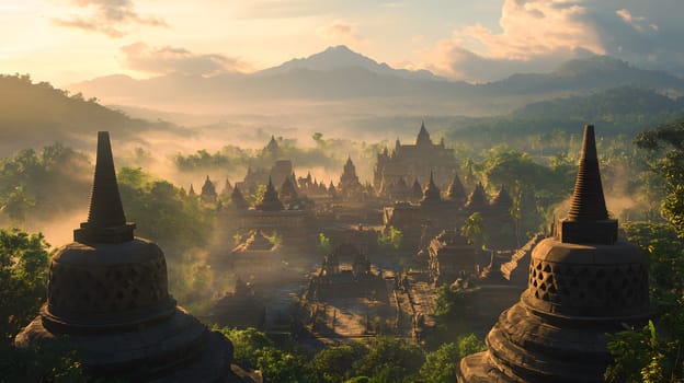 A misty view of ancient temples surrounded by lush greenery.