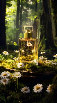 A perfume bottle surrounded by daisies in a serene forest setting.