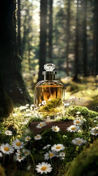 A perfume bottle surrounded by flowers and moss in a forest setting.