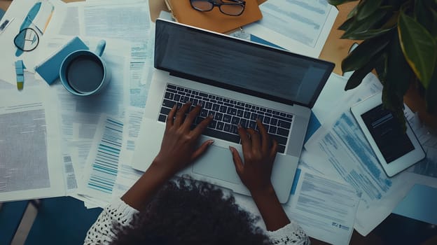 A person typing on a laptop surrounded by papers and a drink.