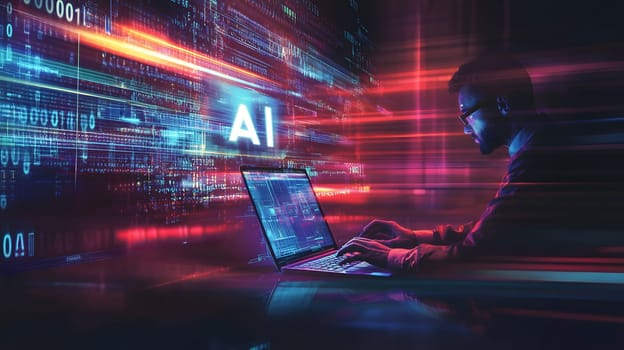 A person working on a laptop with AI data visualization.