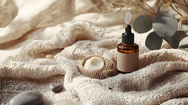 A serene arrangement featuring a dropper bottle and natural elements.