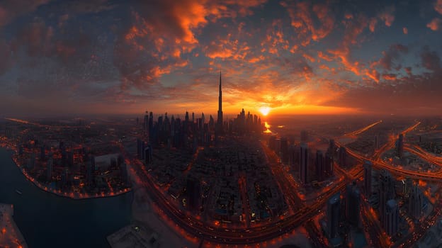 A stunning sunset over a city skyline with skyscrapers and waterways.