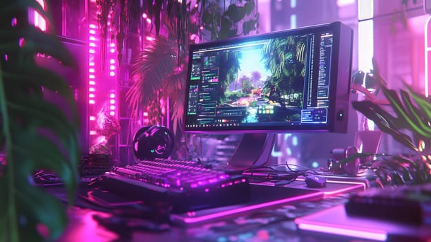 A vibrant gaming setup featuring a monitor in a neon-lit environment.