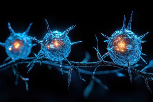An Immune cells illuminated in electric blue, showcasing intricate details and structure