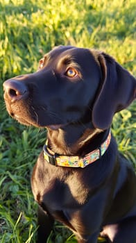 A black dog with a colorful collar sitting in a grassy field.