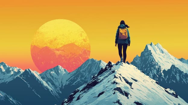 A determined woman stands on snowy mountain peak, gazing at vibrant sunset. scene captures beauty of nature and spirit of adventure