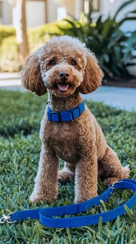A cheerful brown poodle sits on grass with a blue collar and leash.