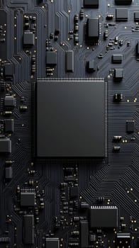 A close-up of a circuit board featuring a central microchip.