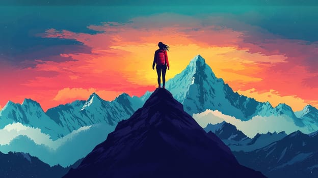 A determined woman stands atop mountain peak, embracing vibrant sunset. breathtaking view showcases majestic mountains and colorful skies