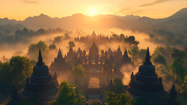 A serene sunrise over ancient temples surrounded by misty landscapes.