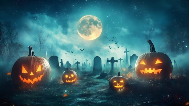 A spooky Halloween scene with glowing pumpkins and a full moon.