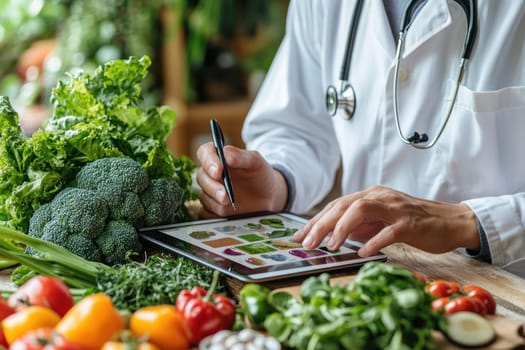 A doctor analyzing healthy food options on tablet surrounded by fresh vegetables, promoting nutrition and wellness