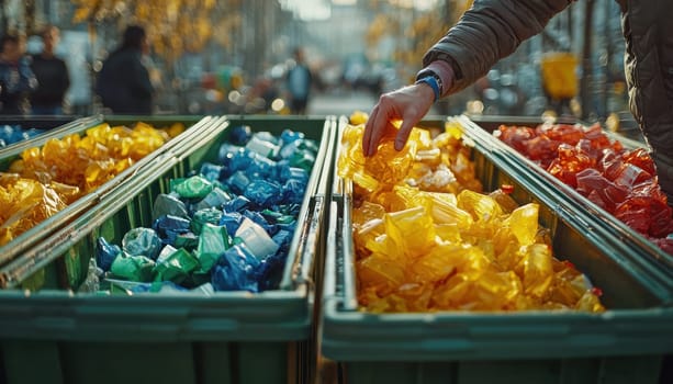 A Sorting waste into colorful bins promotes recycling and environmental awareness. vibrant colors of plastic waste highlight importance of proper