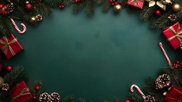 Festive holiday border with gifts, ornaments, and pine decorations.