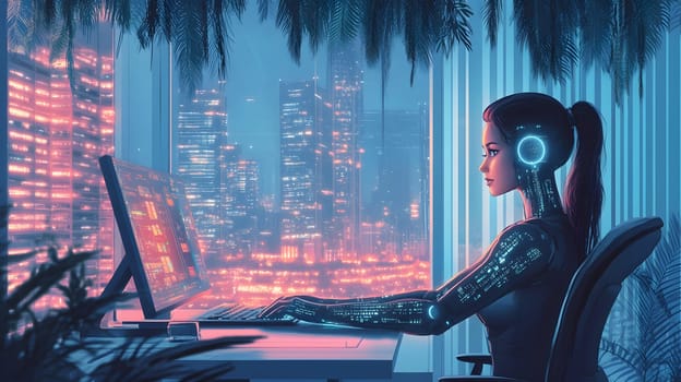Futuristic woman working at a computer with a city skyline backdrop.