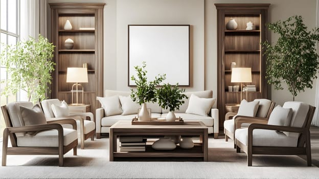 Modern living room with natural decor and cozy seating arrangement.
