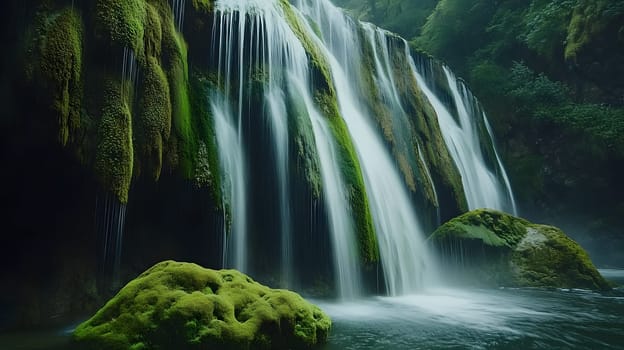 Serene waterfall cascading over moss-covered rocks in a lush environment.
