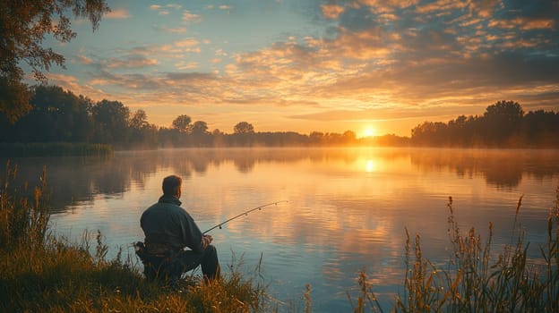 A man enjoys fishing peacefully by serene lake at sunrise, surrounded by nature beauty