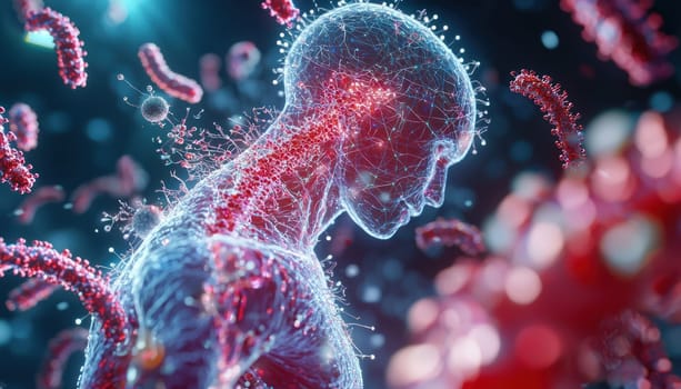 A dynamic cross section of human body showcasing intricate cellular structures and microorganisms, illustrating complexity of life