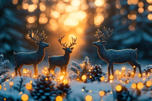 A serene winter scene featuring glittering reindeer amidst snow and pinecones, illuminated by warm bokeh lights