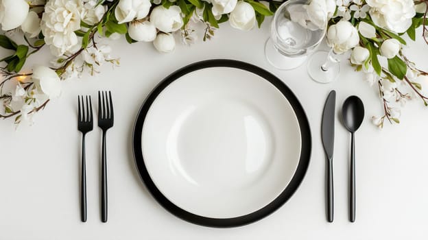 A festive table setting with elegant black and white dinnerware, surrounded by beautiful white flowers, perfect for special occasion