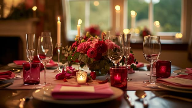 Festive table setting with candles and arrangement of beautiful red flowers. Holiday concept. High quality photo