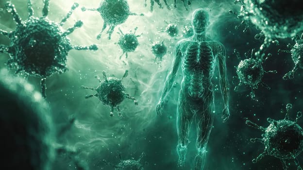 A futuristic depiction of immunotherapy showcasing human figure surrounded by glowing viruses, illustrating battle against disease
