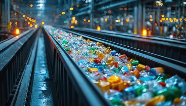 A vibrant view of colorful plastic waste on conveyor belt in industrial setting, highlighting importance of recycling