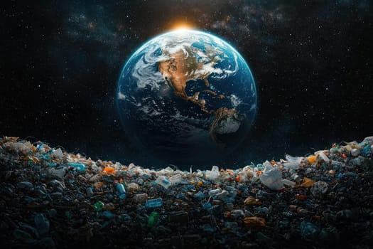 A stunning view of Earth surrounded by sea of plastic waste, highlighting environmental issues