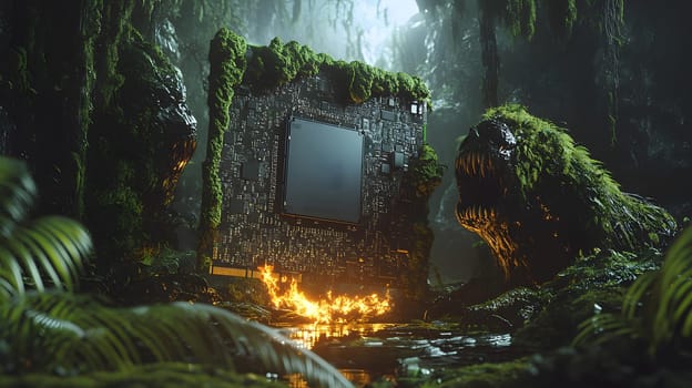 A futuristic microchip surrounded by lush, vibrant nature.