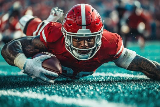 A Diving football player in red uniform reaching for touchdown on field, showcasing determination and athleticism